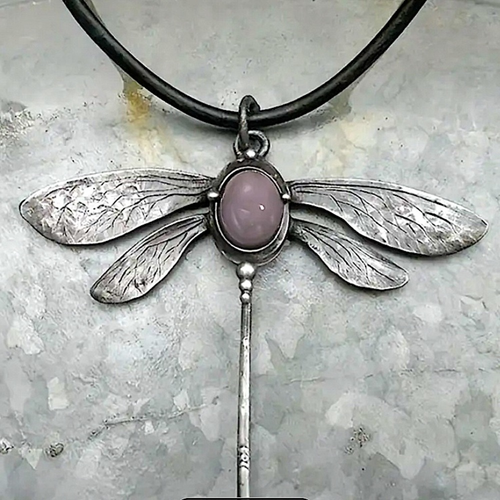 Stone Dragonfly Vintage Statement Pendant Necklace, Bohemian, Boho, Tribal
